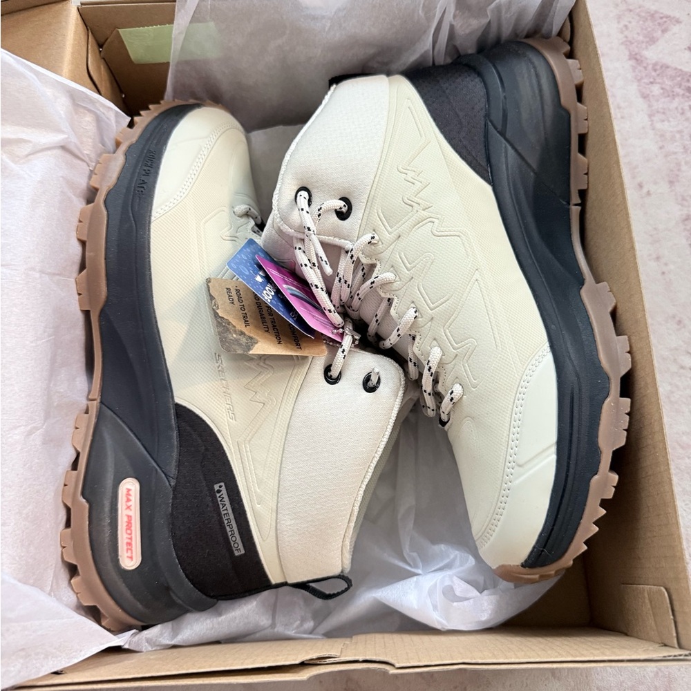 Skechers Cream and Black Lace Up Boots